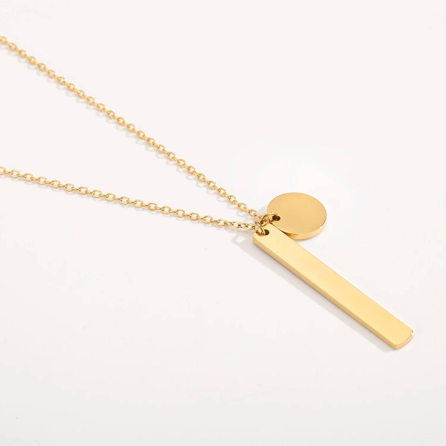 Personalized Trendy Women's Stainless Steel Vertical Bar Coin Blank Engraved Pendant Link Chain Necklace
