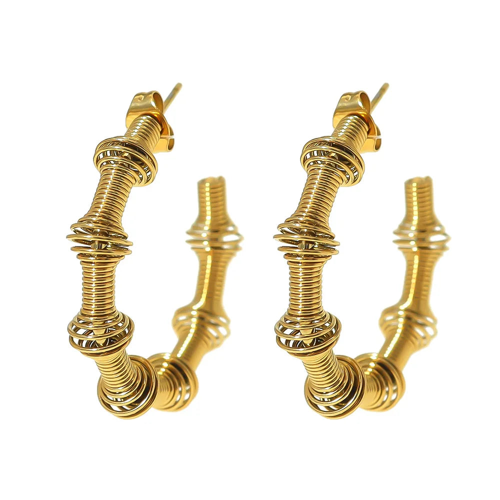 2025 Funky C Shape Bamboo Design 18K Real Gold PVD Plated Stainless Steel Hoop Earrings for Women Party Wearing