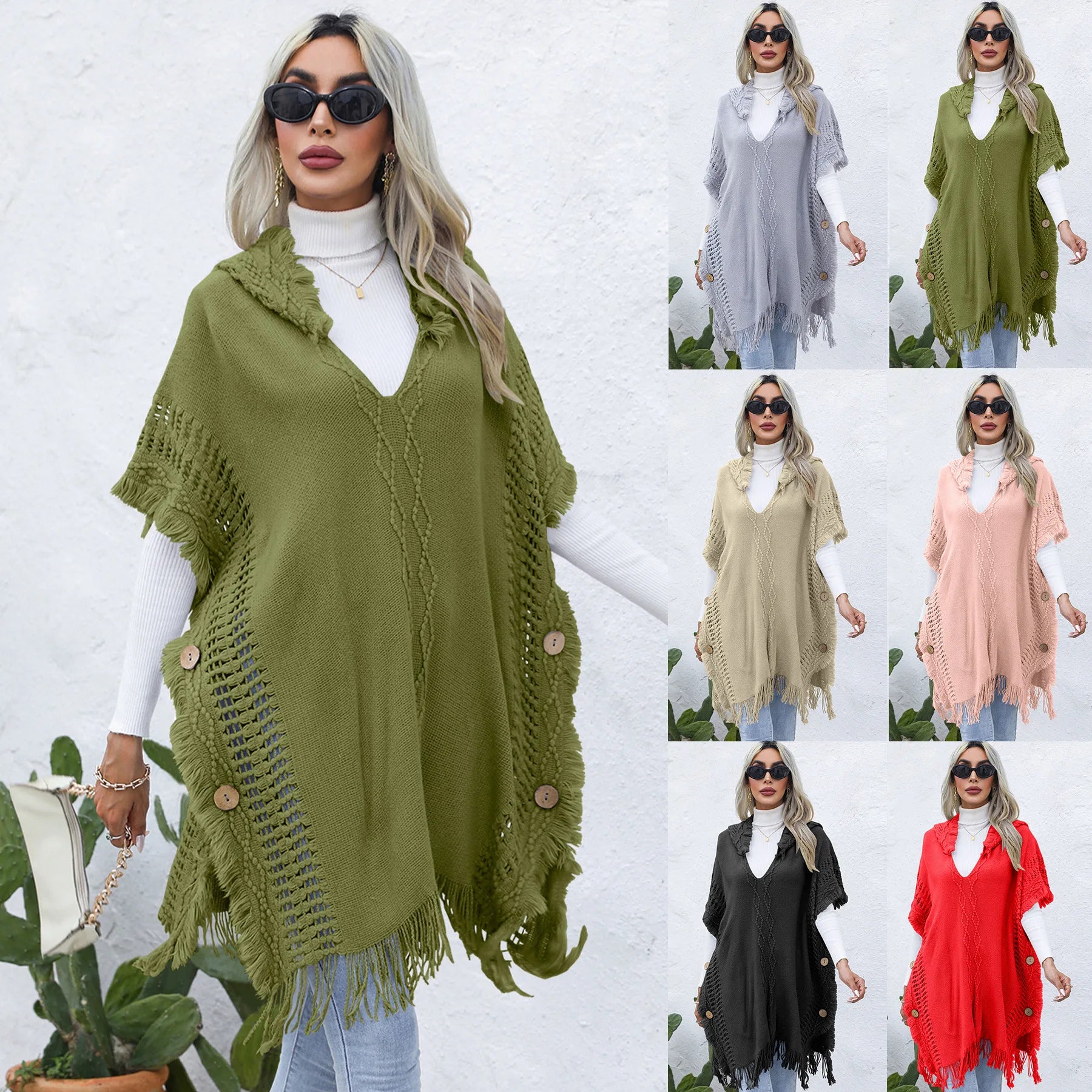European and American Women's Casual Loose Fitting V Tie Hat Pullover Medium Length Sweater Vest Cape Top Coat