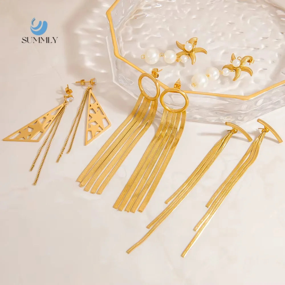 SUMMLY Wholesale Trendy Geometric 18K Gold Plated Stainless Steel Pearl Chain Tassel Stud Earrings Fashion Jewelry
