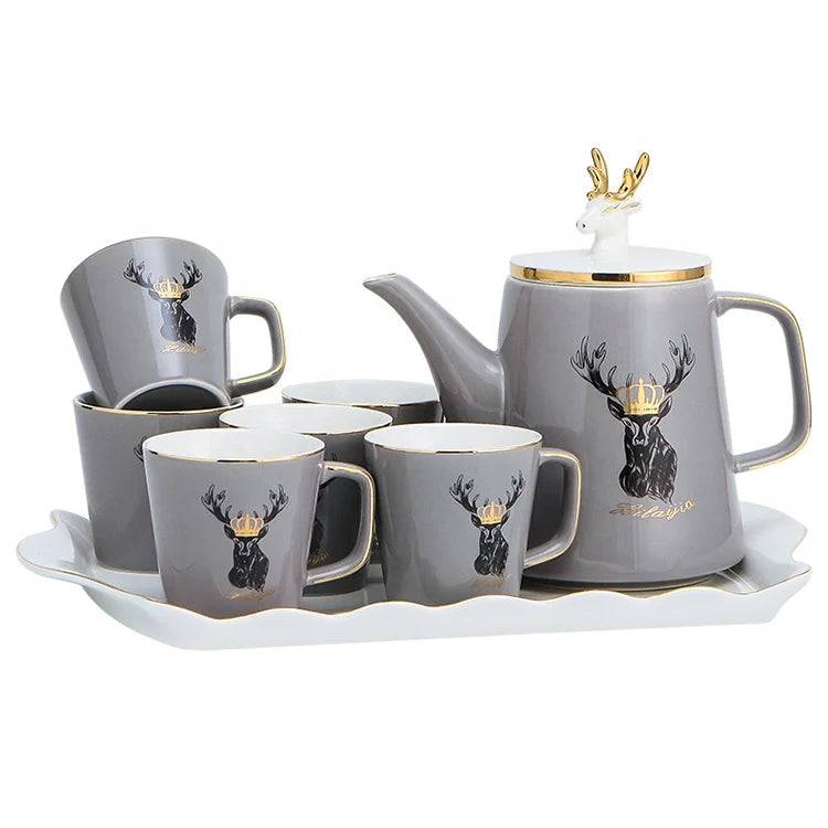 Drinking Tea Coffee Mug Set of 6 Porcelain Water Jug Set Deer Head Lid Ceramic Pitcher with Cup Set