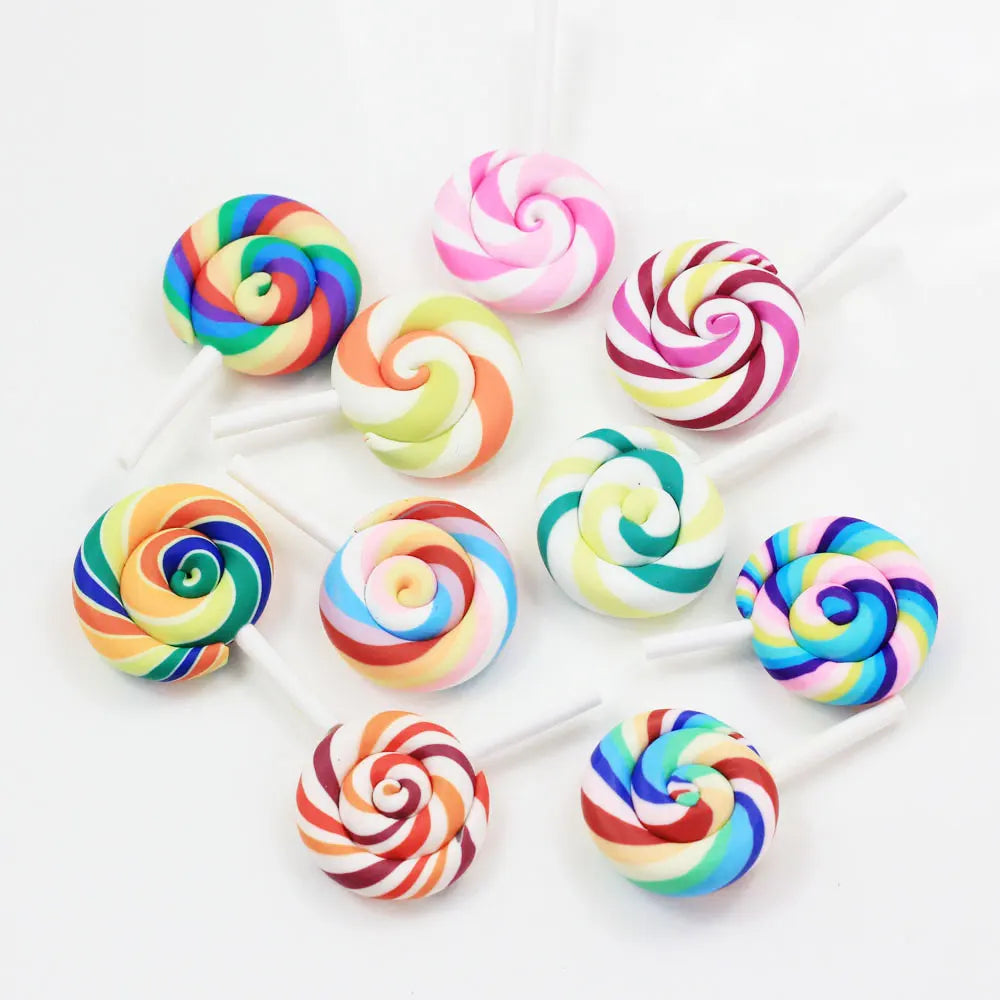 Lovely Polymer Clay Lollipop Cabochons Colorful Swirl Candy Lollipop Dessert Sweets Flatback Swirl Lollipop