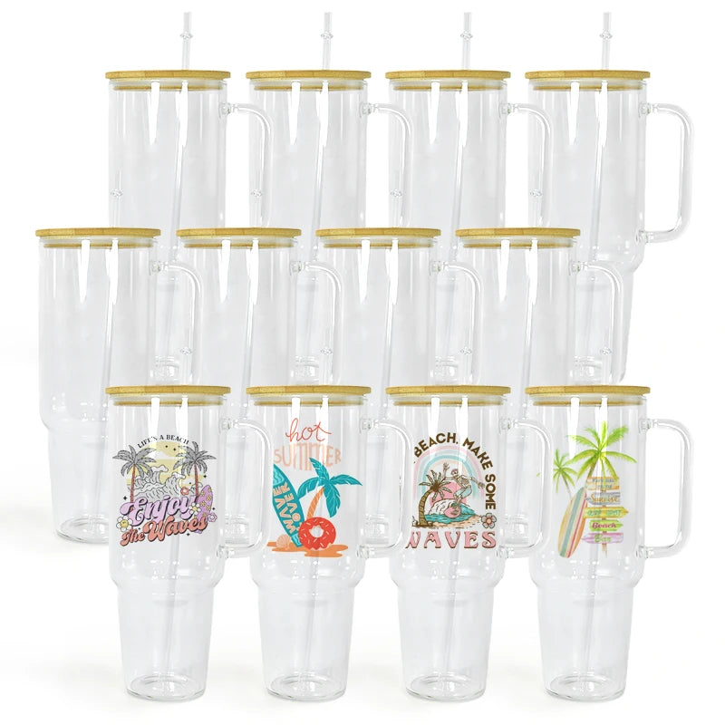 Free Shipping RTS USA Warehouse 12PCS/CTN 40oz Glass Cup Sublimation clear Glass Tumbler Mugs with Handle and Bamboo Lid