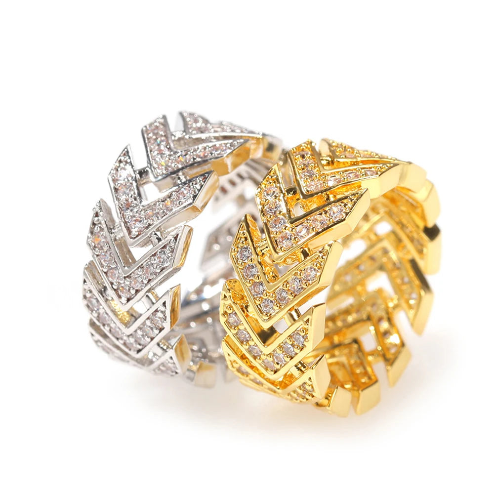 Trendy Luxury Women's Engagement Wedding Rings 3A Cubic Zirconia Full Iced Silver Arrow Gold Plated Inlay Hip Hop Style Parties