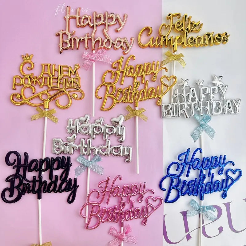 Colorful Happy Birthday Cake Topper in Russian Spanish Feliz Cumpleanos Tik Tok Party Decorations for Events Party Supplies