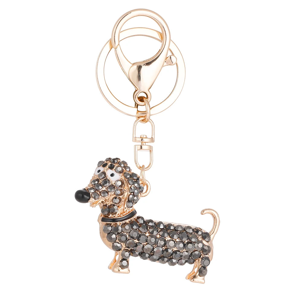 Fashion Bling Crystal Dachshund Shaped Key Chain Women Black White Rhinestone Dog Keychains for Gift
