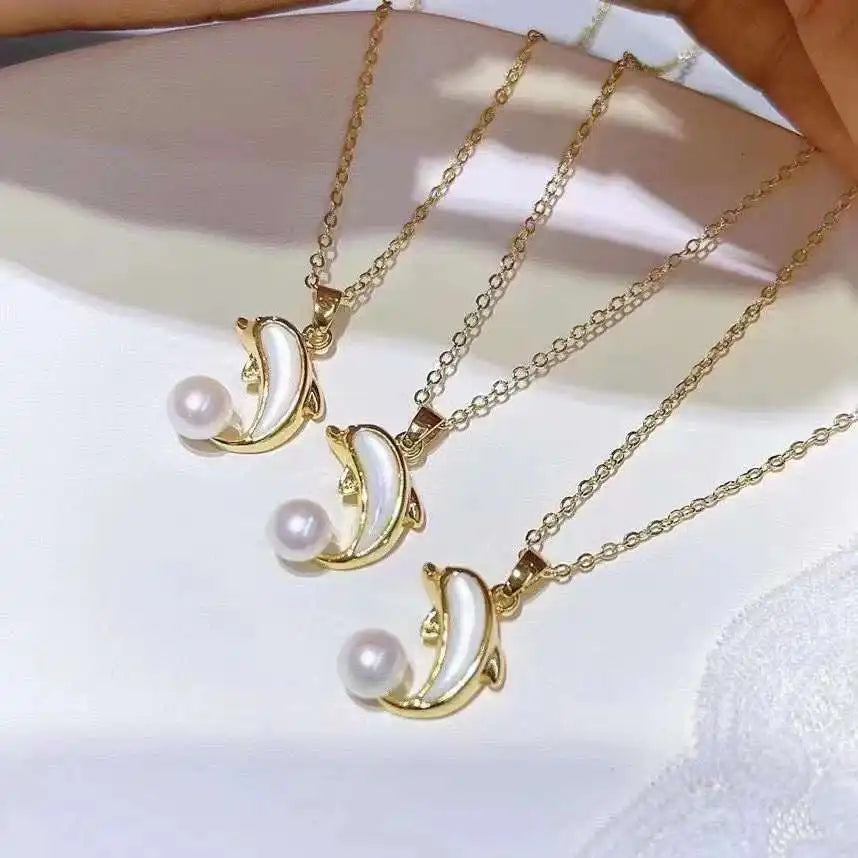 Super Beautiful 18K Gold Plated Chain with Shell Dolphin Inlaid 6-7mm Freshwater Pearl Pendant Necklace