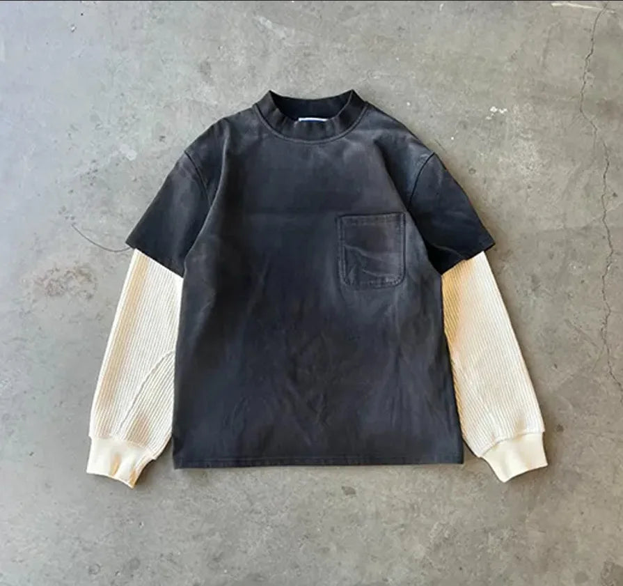 Custom Men Waffle Knit Cotton Heavyweight Oversized Tshirt Acid Wash Sun Faded Double Layer Long Sleeve T-shirt
