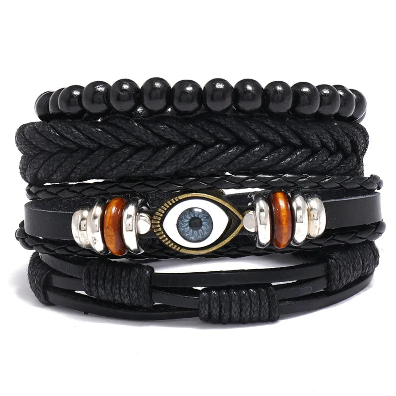 Adjustable Bohemia Leather Bracelet for Men Handmade Fashion Charm Bracelet with Evil Eyes Braided Design Bohemian Style