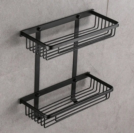 Modern 2-Tier Adhesive Bathroom Organizer Shelf Black Aluminum Metal Wall-Mounted Shower Caddy Corner Mounted Waterproof