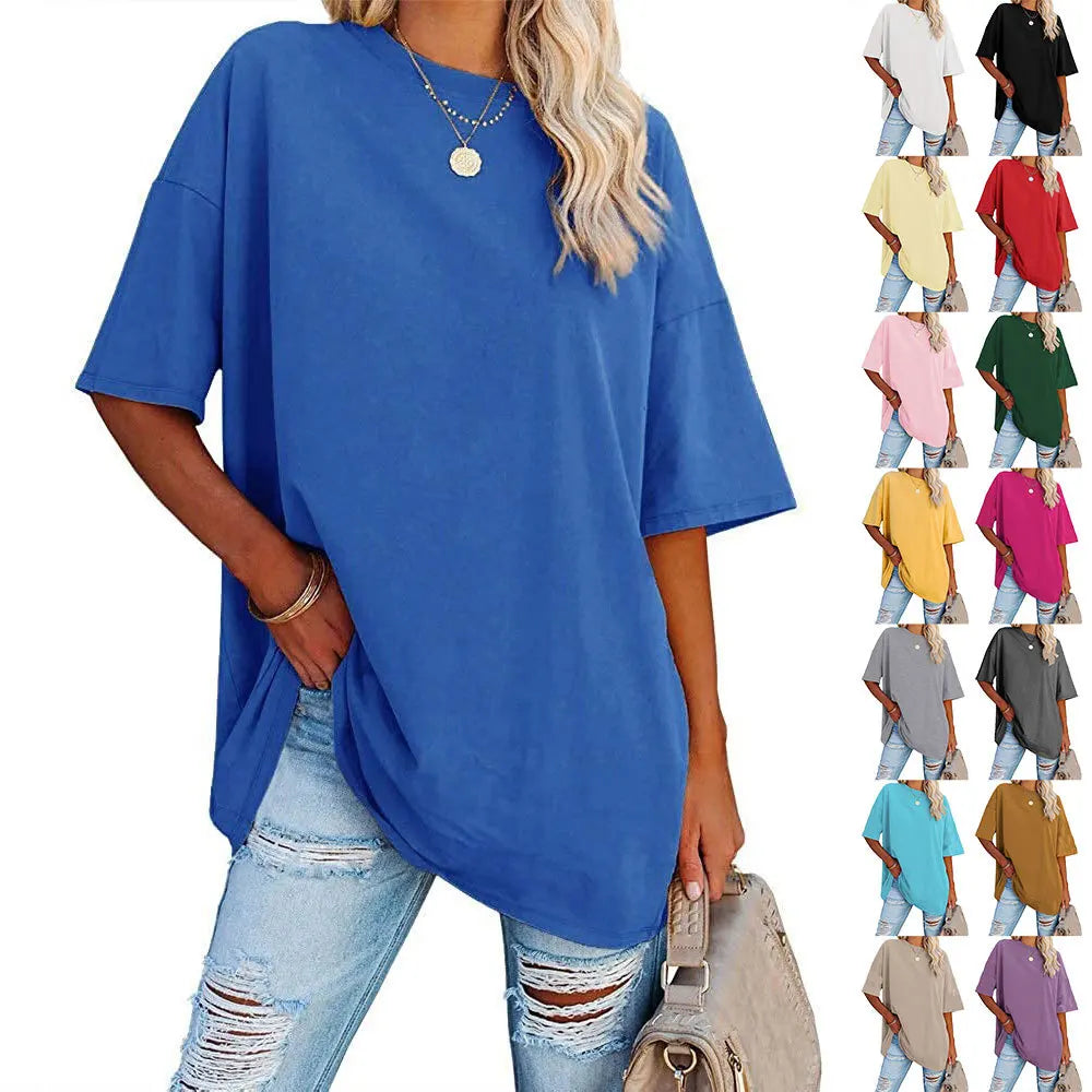 Wholesale Cotton Polyester Plain Oversized T-shirt Tee Women Custom Logo Casual Shirts O Neck Loose Blouse