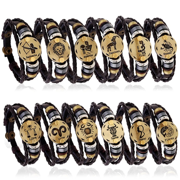 Punk Style Antique Gold Plated Charm Astrology Braided Rope Leather Men 12 Zodiac Sign Bracelet Jewelry
