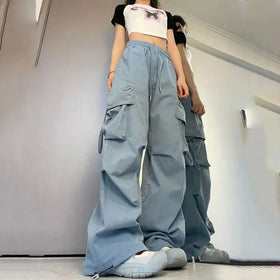 Casual Women Trousers Solid Loose Drawstring High Waist Streetwear Joggers Wide Leg Sweatpants Female Hippie Cargo Pants