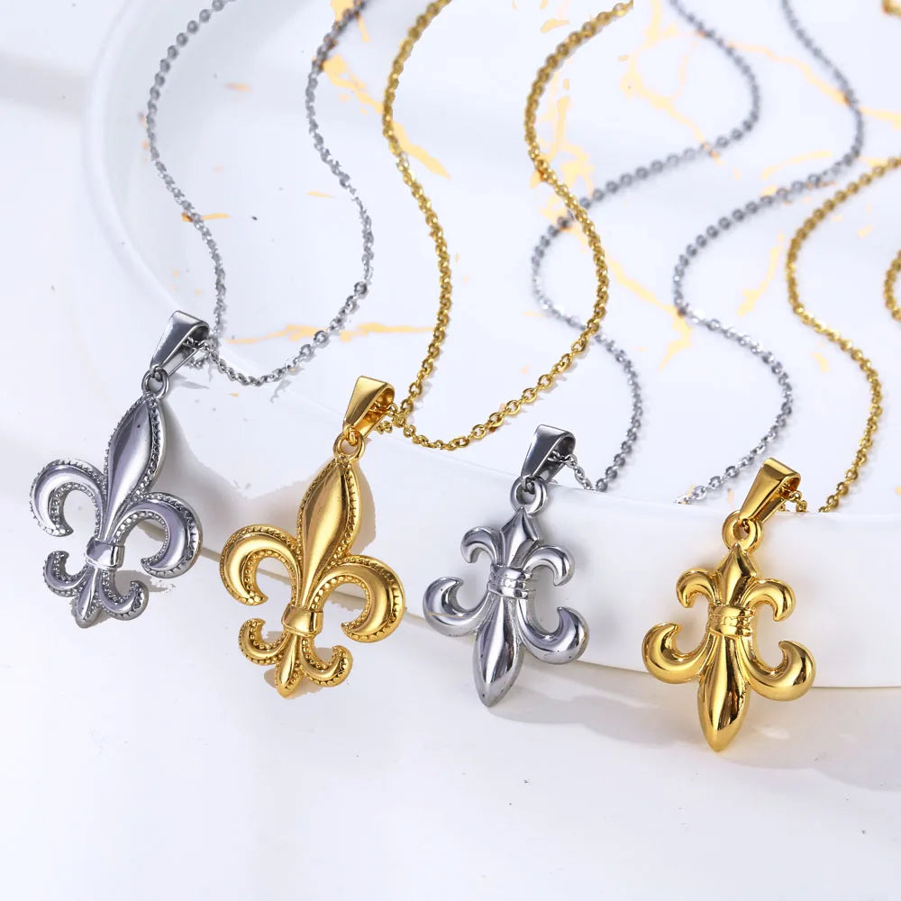 Dainty Floral Pendant Compass Necklace Stainless Steel 18k Gold Flower Jewelry Fleur-de-Lis Charm Pendant Necklace for Women