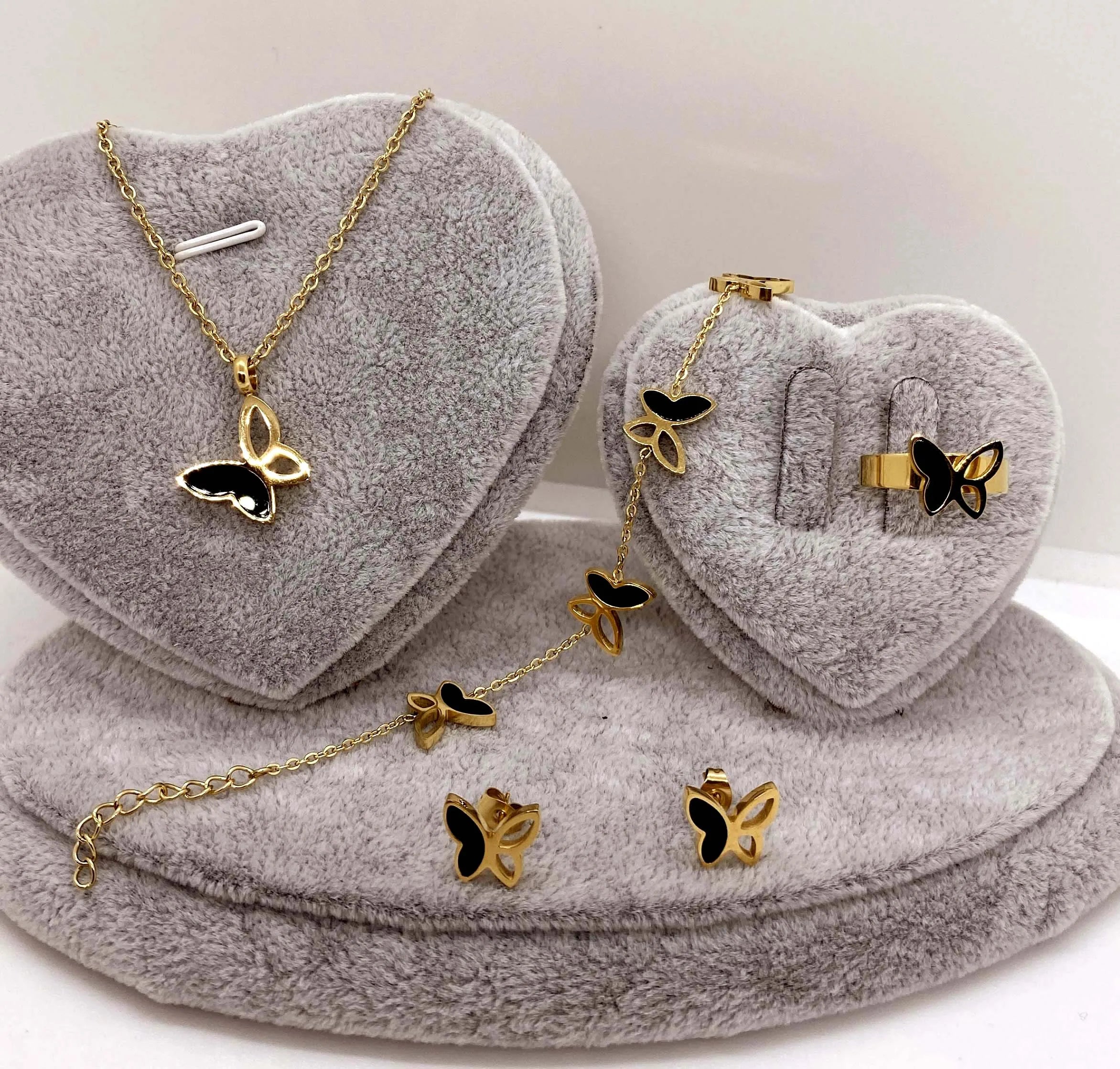 Women's Fashion Alloy Jewelry Set Good Quality Butterfly Dripping Multi-Color Pendant Necklace Bracelet and Ring