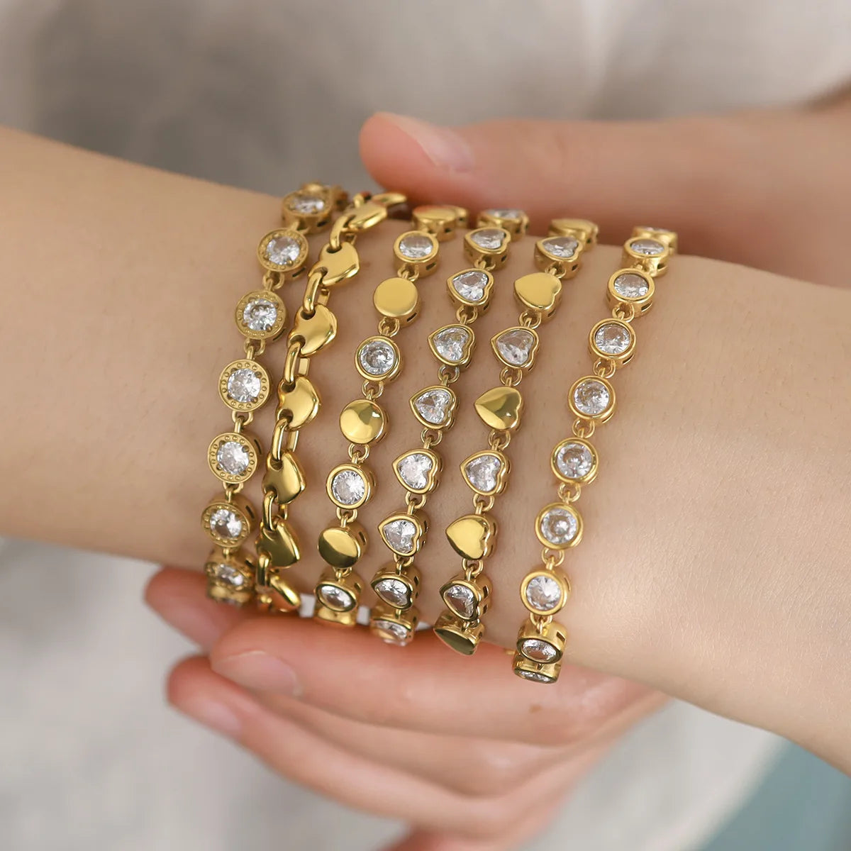 New 18K Gold PVD Stainless Steel Heart Charm Link Bracelets Women Diamond Clear CZ Stone 3A+ Zircon Tennis Chain Bracelets