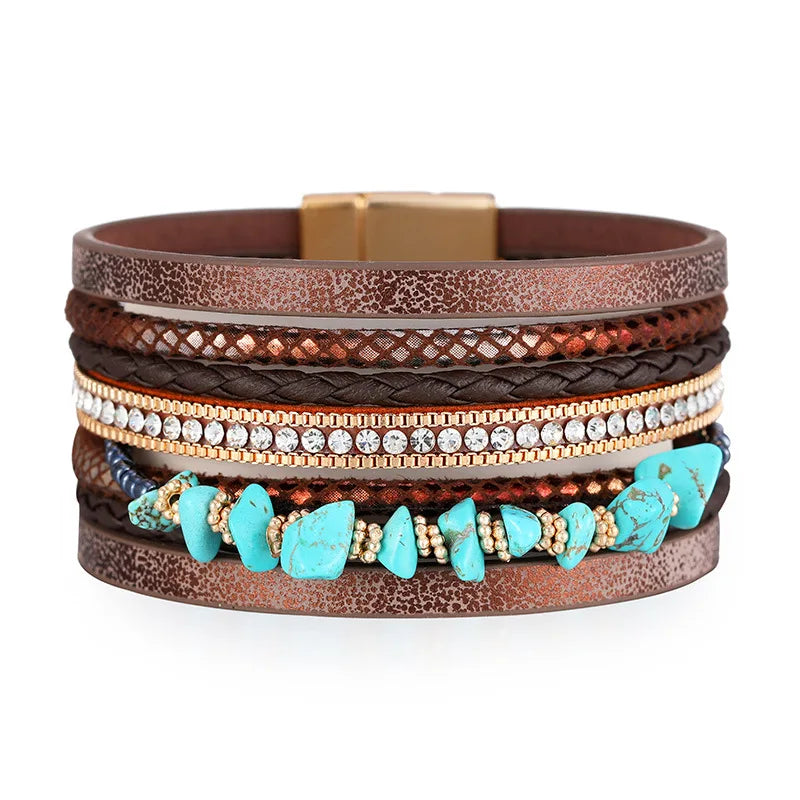 DHJ00297 Wholesale Retro Ethnic Multi Layer Leather Bracelet Turquoise Leather Bracelet