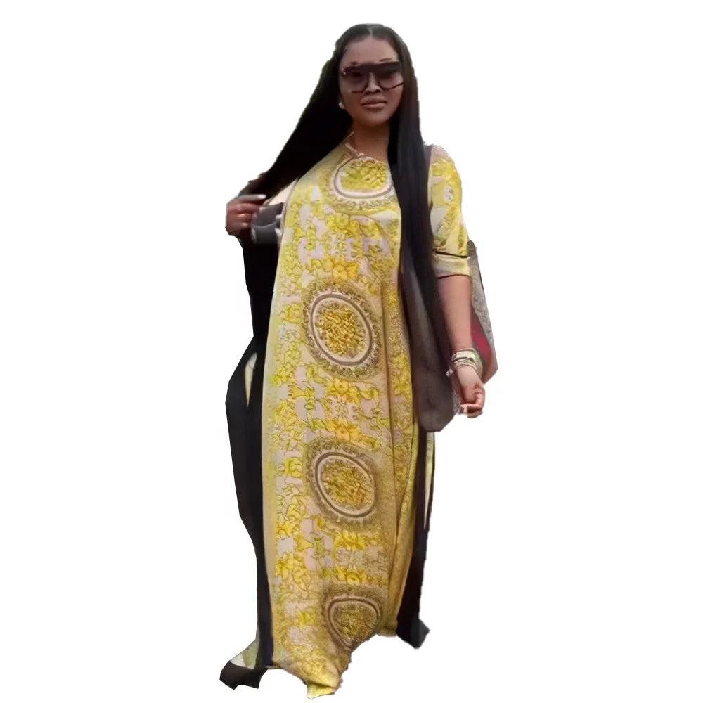 Cheap African Women's Loose Plus Size Long Dress Rayon Digital Print Bat Sleeve African American