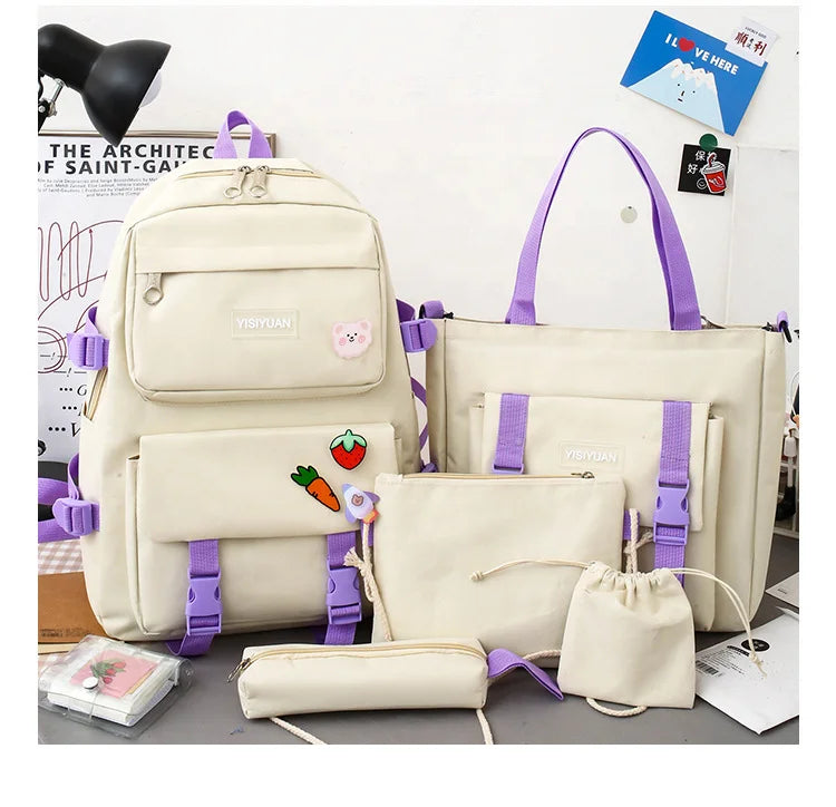 Wholesale Fashion School Student Backpack Customized Teenagers 5 Piece Set Kids Backpack Bookbag Portable School Bags for Girls