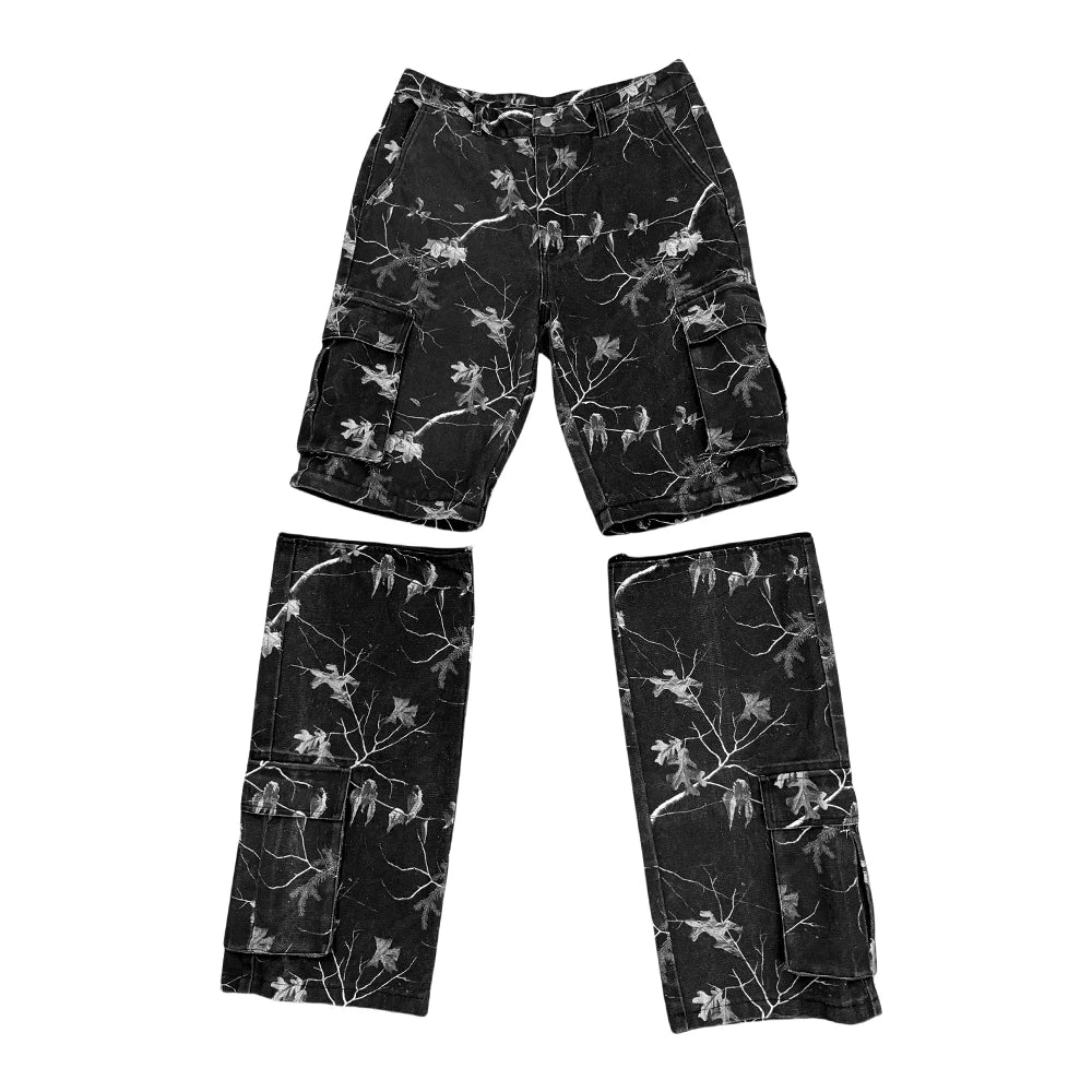 TOPSHOW Full Print Real Trea Camouflage 6 Multi Pockets Heavyweight Convertible Detachable Wide Leg Baggy Cargo Pants Men