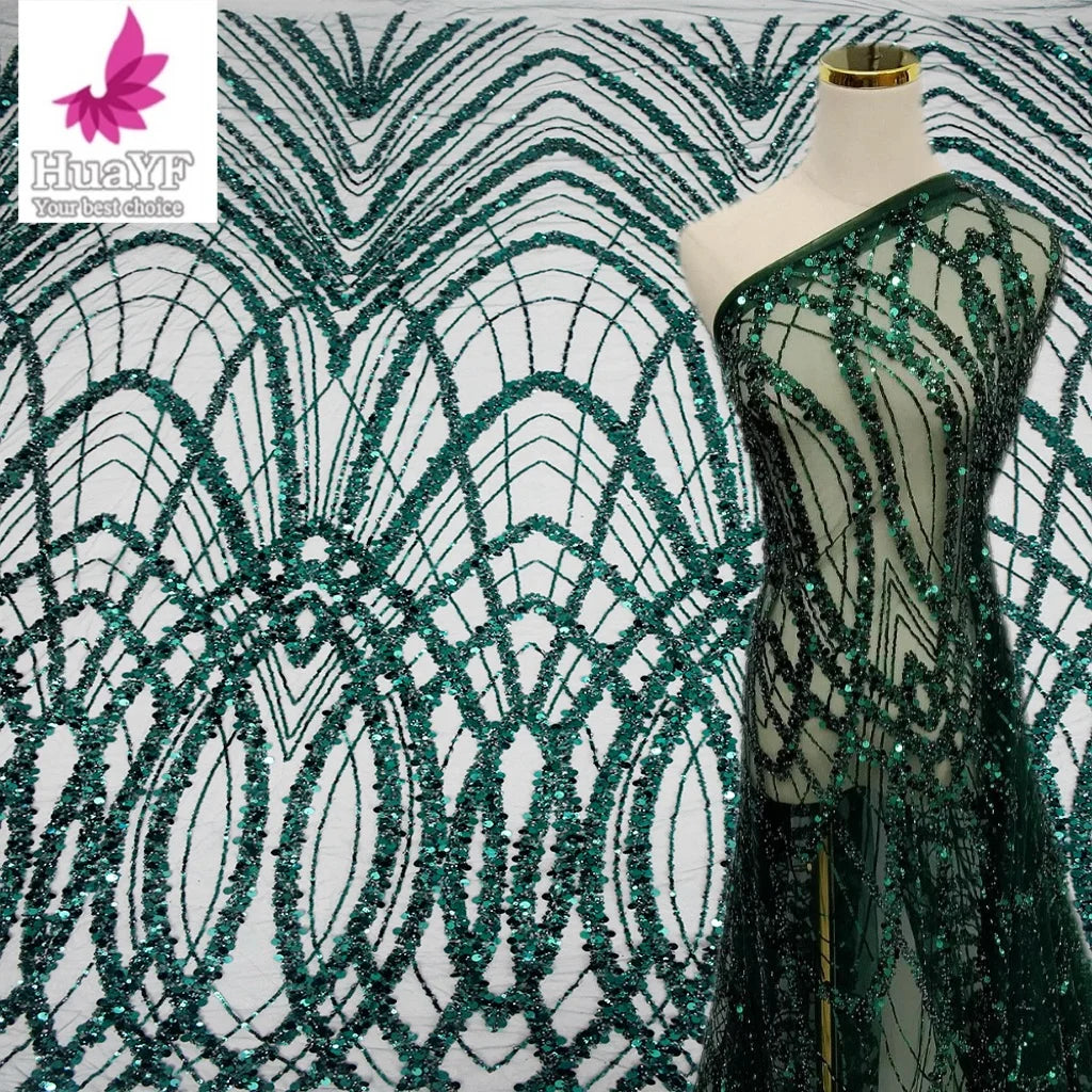 HY2317-5 Top African Sparkle High Density Emerald Green 3d Bead Embroidered Lace Fabric Wholesale for Lady Party Dress