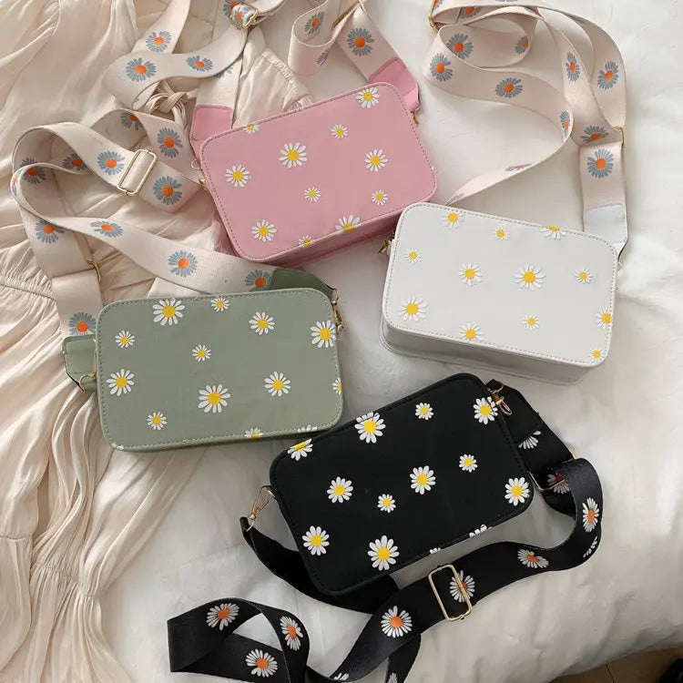 Fresh Women Wide Shoulder Strap Pu Leather Square Bag Popular Flower Messenger Bags
