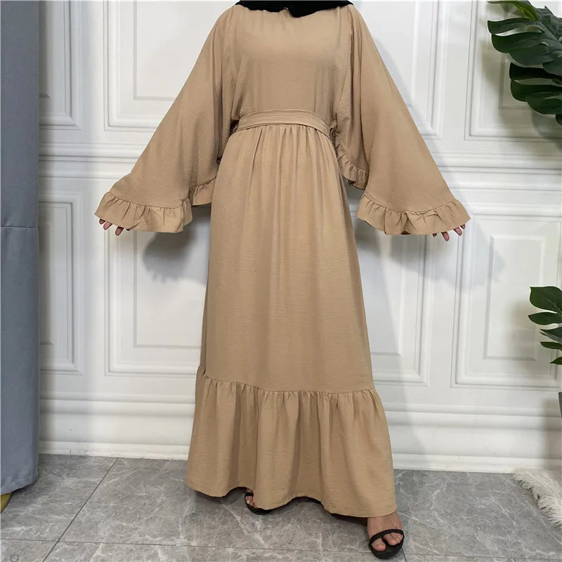 Elegant Ruffle Abaya Dress for Women Muslim Flare Sleeve Belted Maxi Modest Islamic Clothing Dubai Style Ramadan Eid Wear