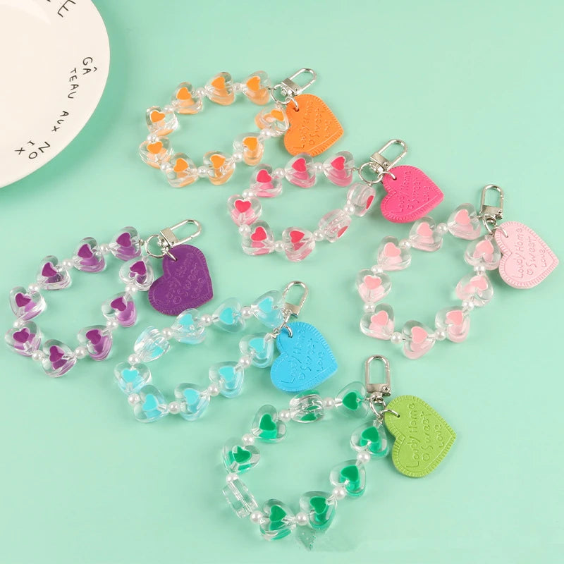 Rainbow DIY Resin Glass Beaded Key Ring Heart Shaped Letters Leather Keychains for Bag