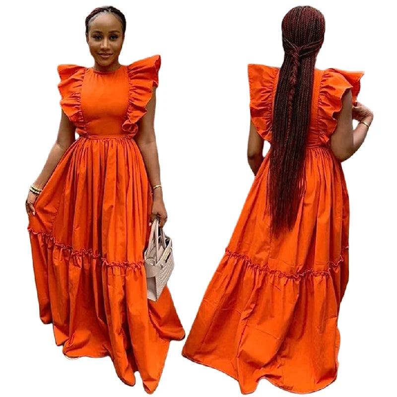 HK7449 Latest Design Summer Dresses Women Casual Elegant Ruffle Short Sleeve O-Neck A-line Long Maxi Dress for Ladies