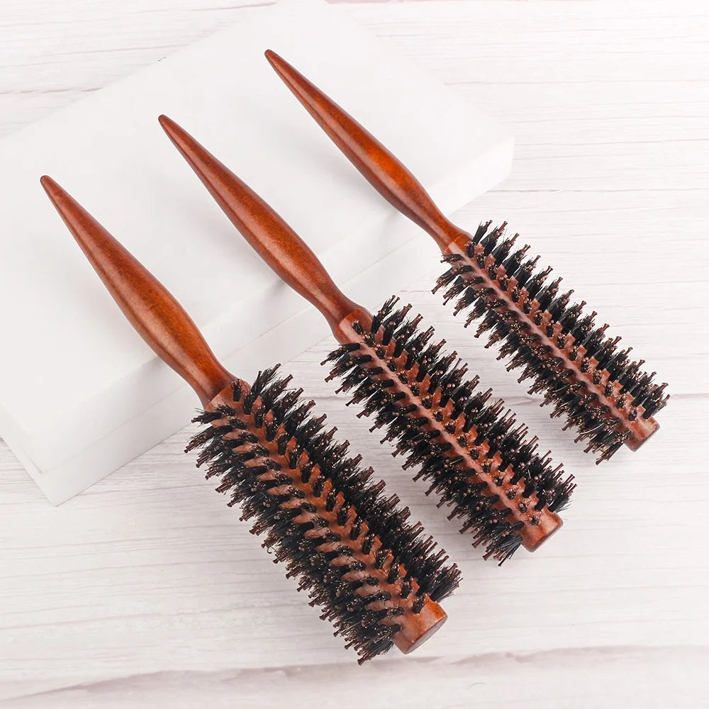 Hot Sale Salon Styling Tool Boar Bristle Mixed Nylon Taper Shank Wood Hair Brush Brown Hair Round Comb