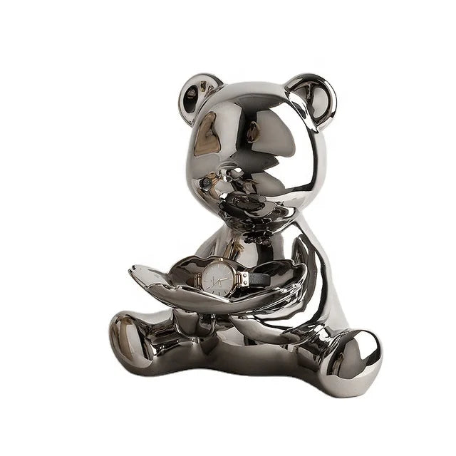 Top Selling Sliver Cute Ceramic  Figurine Home Living Room Desktop Decorations Bear Key Storage Ornaments