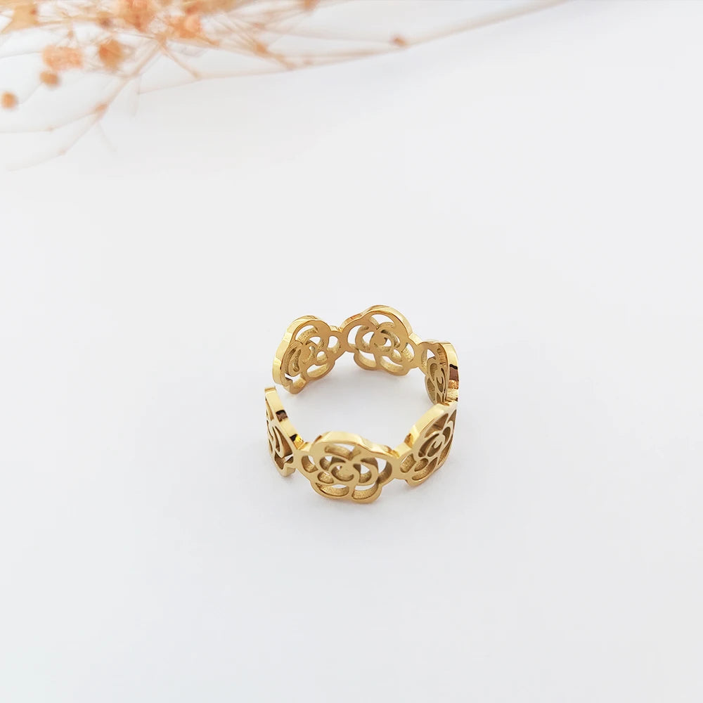 Flower Gold Ring Designs Bague Ajustable Acier Inoxydable Flower Ring Stainless Steel 18k Ring Adjustable Schmuck Edelstahl