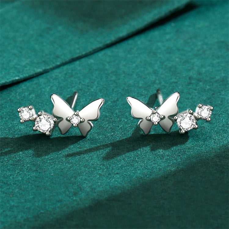 Creative 925 Sterling Silver Butterfly Earrings with Mini Zircon Stud Elegant Delicate Jewelry for Women