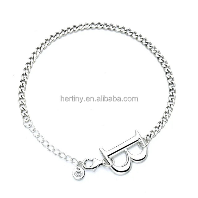 Big Initial B Pendant Curb Chain Women Bracelet Sterling Silver 925