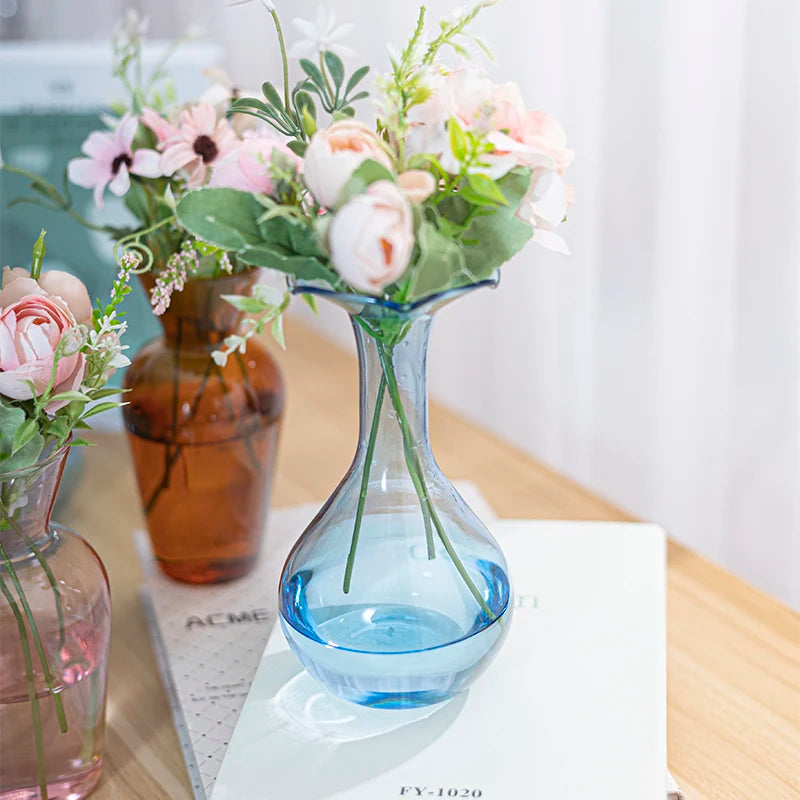 Wholesale Blue Glass Vases Green Bottle Art Deco Design 500ml Capacity Cylinder Tall Shape Home Flower Decoration Tabletop Gifts