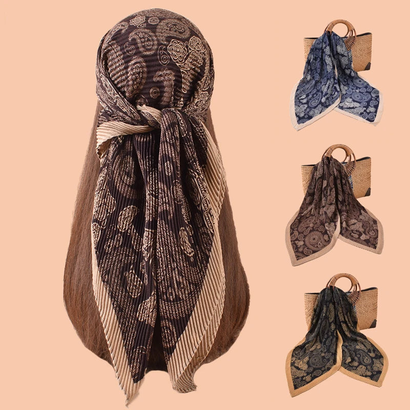 Winter New Perris Large 90cm Square Scarf 90cm Pleated Pressed Hair Scarf Cashew Nut Cotton Line Handkerchief Bandanas Polyester
