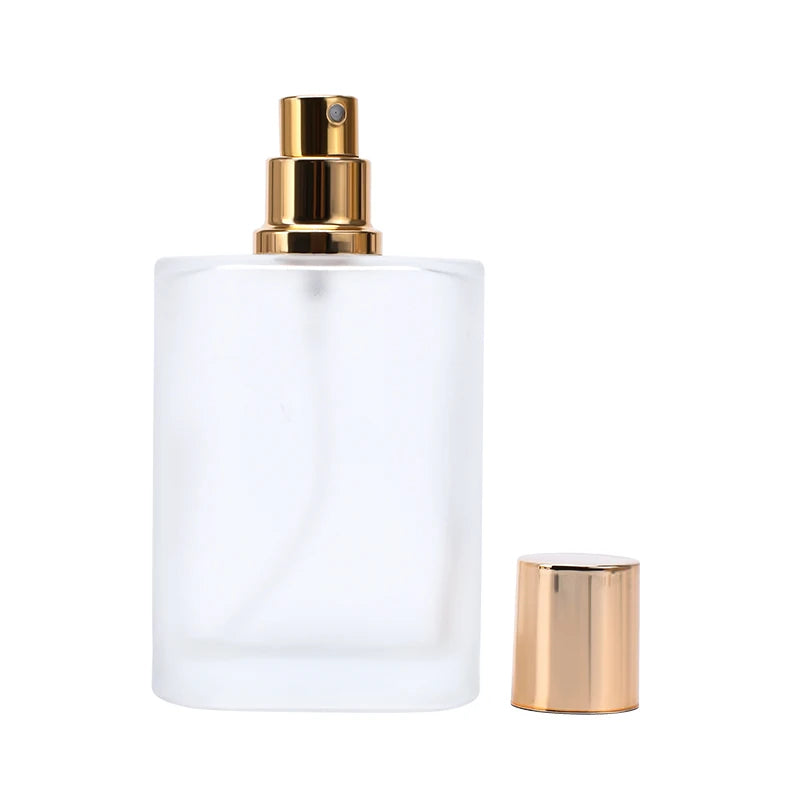 Hot Sale 30ml 50ml 100ml square Shape Frosted Glass Perfume Bottle with Gold Silver Grey Spray Pump