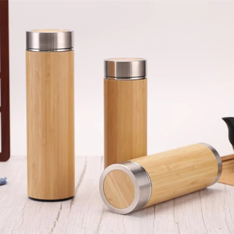 Hot Sale 500ml Double Wall Stainless Steel Natural Bamboo Water Bottle Heat Insulated Thermos Tea Flasks with Infuser