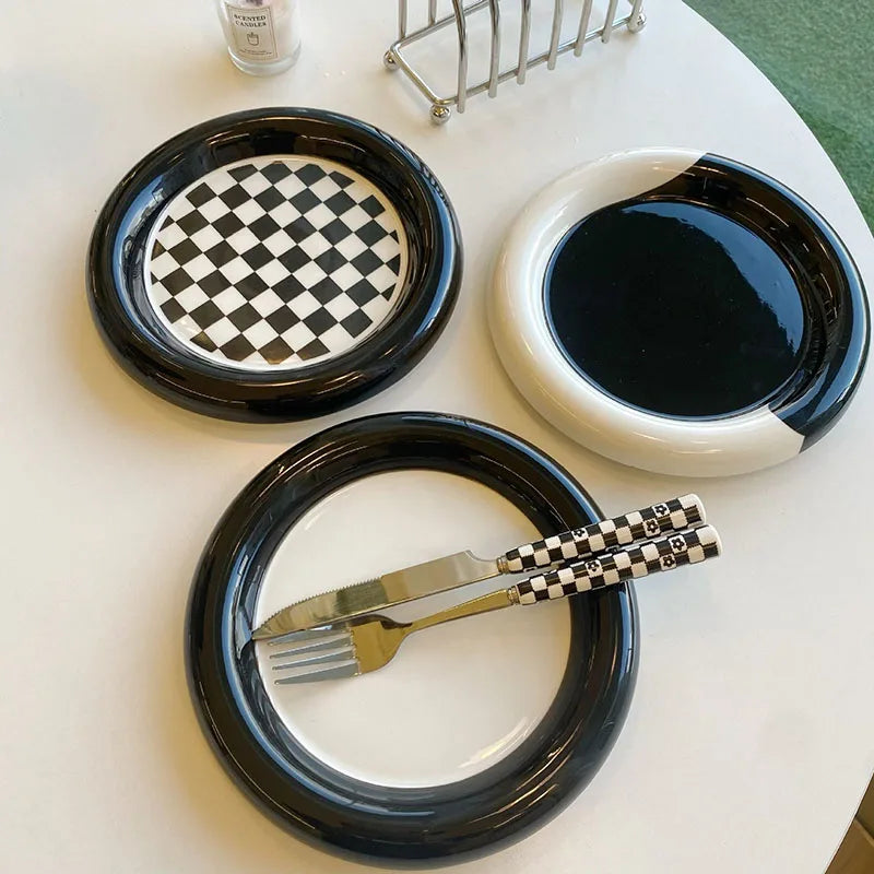 SolhuI Wholesale Korean Ins Hand-painted Checkerboard Chubby Tray Breakfast Jewelry Tray Milk Fufu Storage Dish