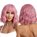Heat Resistant 180 Degrees Synthetic Natural Short Pink Red Water Wave Hair Wig with Bangs for Women Bob Wigs