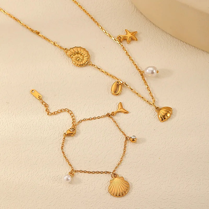 Sea Style Starfish Conch Shell 18k Gold Plated Stainless Steel Earrings Necklace Jewelry Set for Beach Party Gift