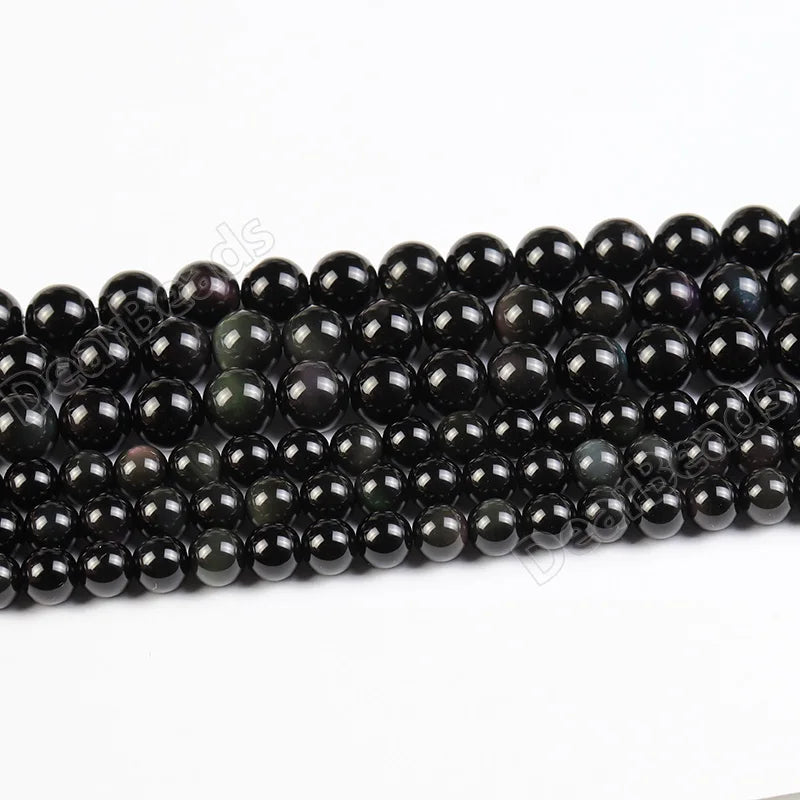 Wholesale Round Smooth Gemstone Rainbow Black Obsidian Loose Beads for DIY Jewelry Making 6mm 8mm 10mm 12mm 14mm 16mm