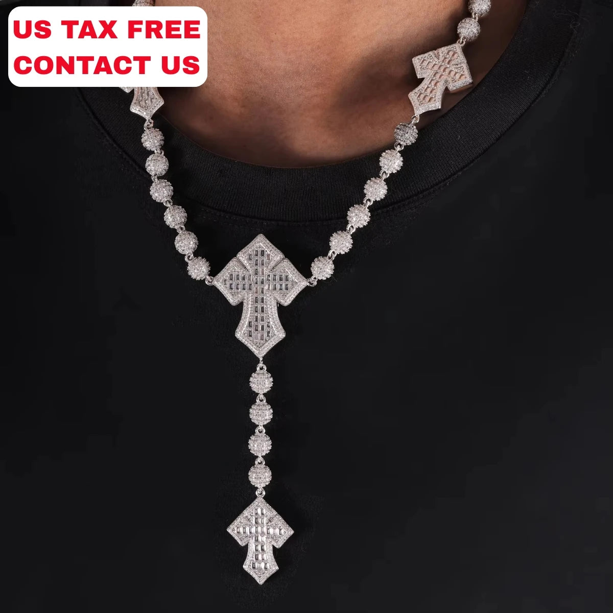 New Arrival Full Iced Out CZ Bead Baguette CZ Cross Link Chain Ball Chain Necklace Fashion Bling Hiphop Necklace Jewelry