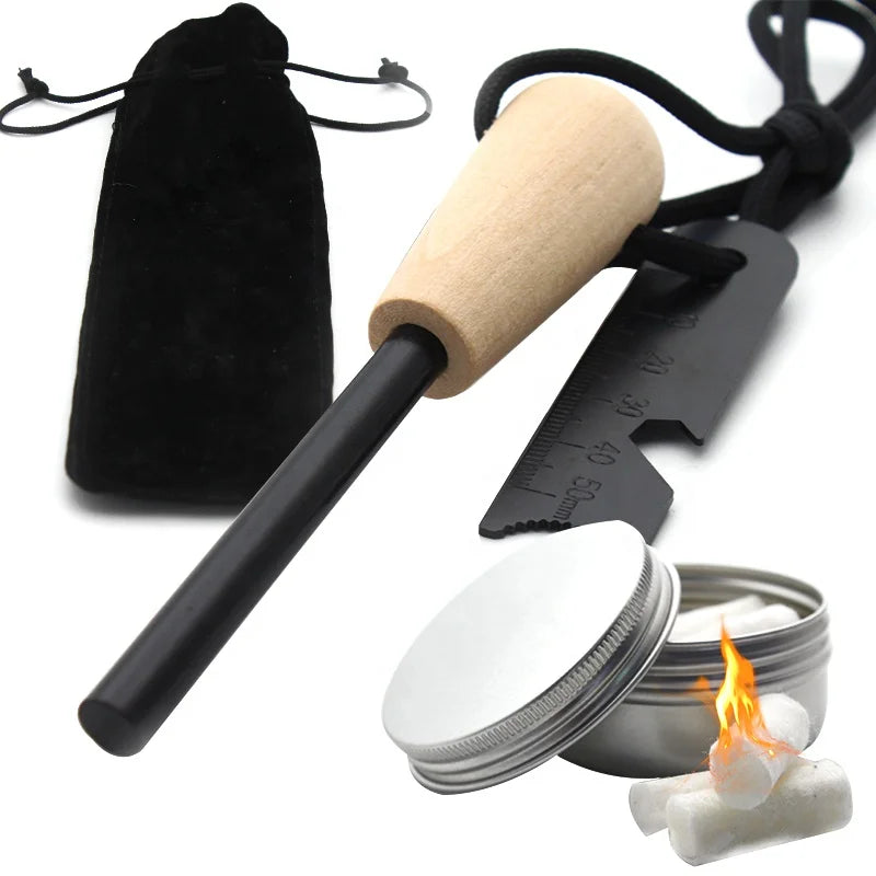 Emergency Fire Starter Kit Ferro Rod with Waxed Fire Plugs Cotton Tinder Packed in Black Carry Pouch