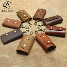 Andong Simple Genuine Cow Leather Key Case Retro Crazy Horse Leather Key Holder Small Hanging Belt Buckle Waist Bag Men Women