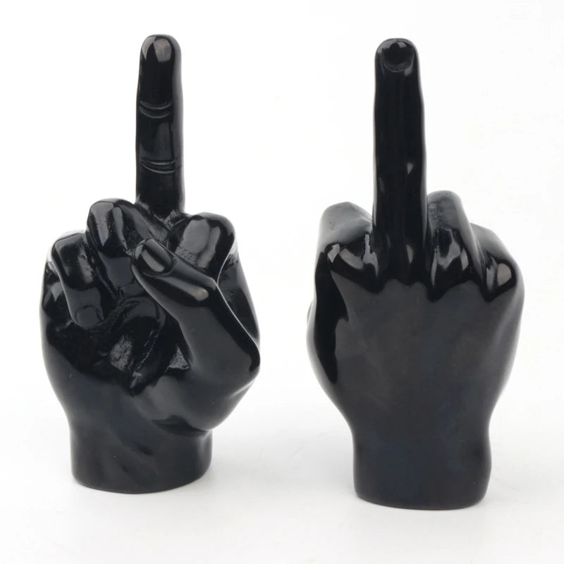 Hand Carved Natural Crystal Stone Finger Carving Black Obsidian Middle Finger Statue Figure