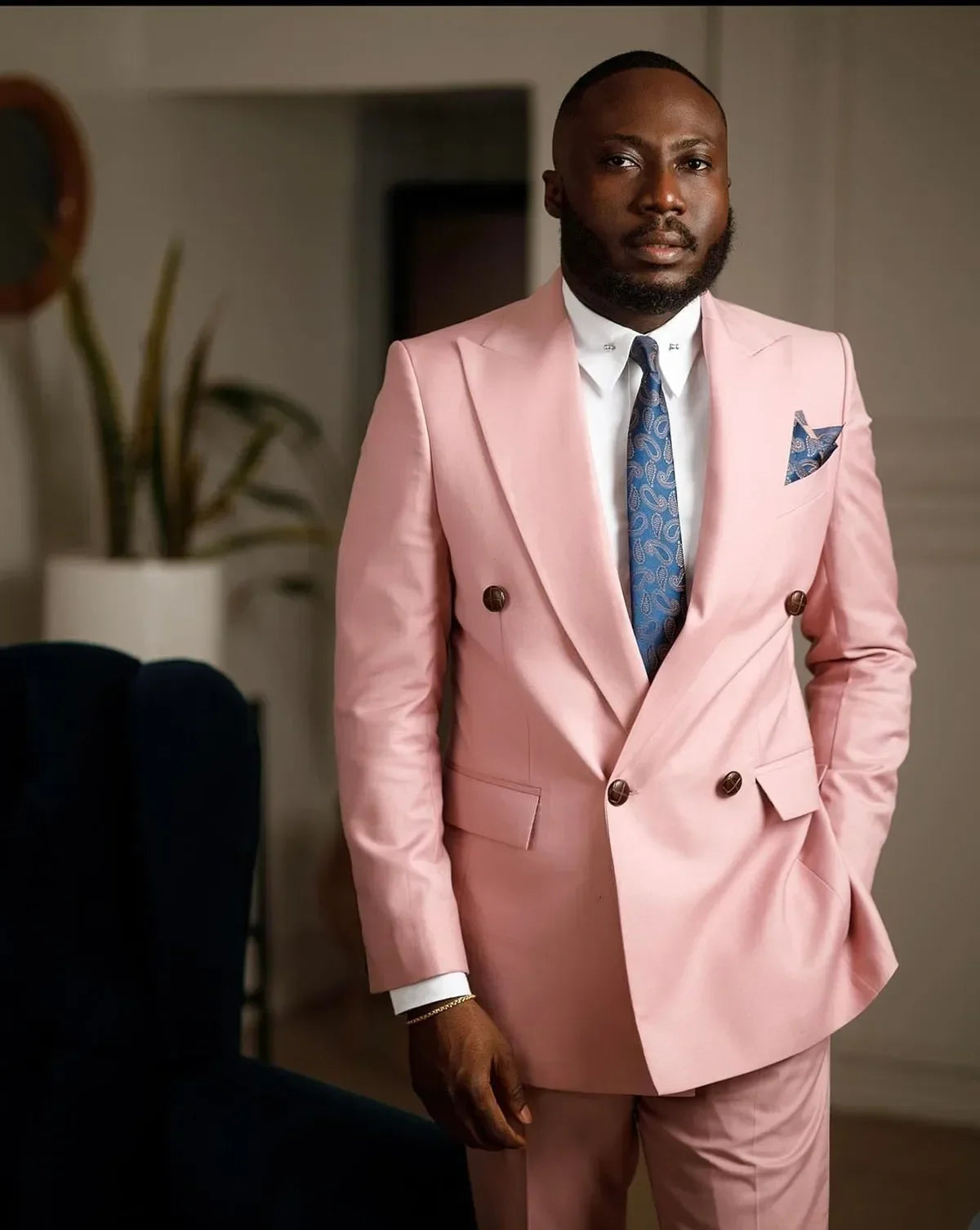 Pink Double Breasted Tuxedos Suit for Men 2 Pieces Set Ceremony Formal Groom Suits Party Birthday Wear Costume Homme Mariage