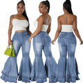 Hot Selling Fashion High Waist Wide Leg Pants Washed Denim Stretch Spliced Flare Women Jeans