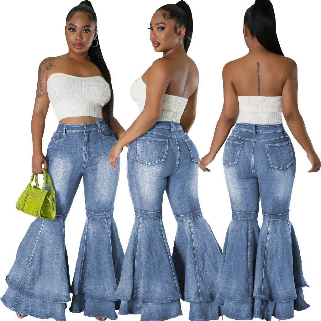 Hot Selling Fashion High Waist Wide Leg Pants Washed Denim Stretch Spliced Flare Women Jeans