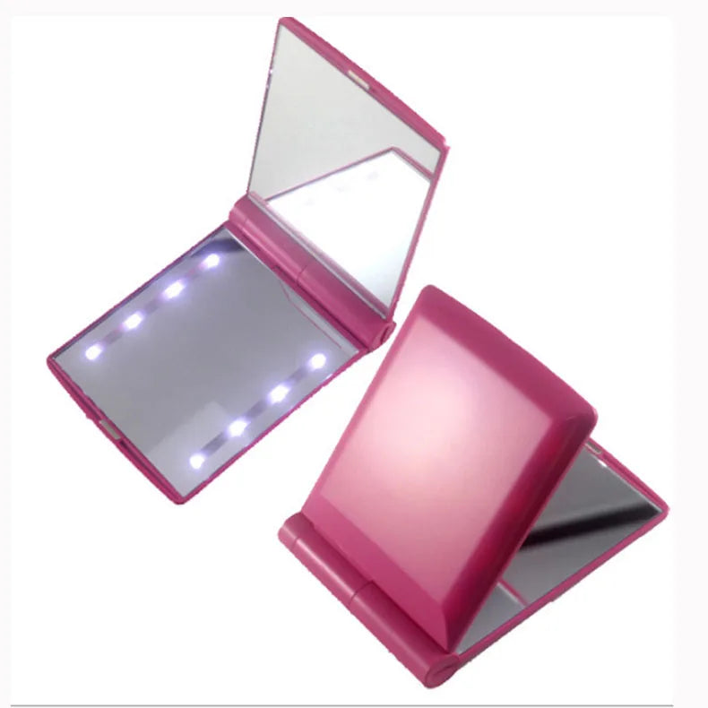 New OEM Mirror 8 LED Fill Lights Lamps Women Foldable Compact Mirrors Lady Cosmetic Hand Folding Portable Pocket Makeup Mirror